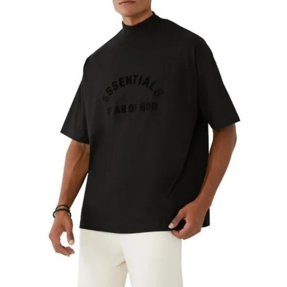 FEAR OF GOD ESSENTIALS Mock Neck Heavy T-Shirt Oversized Logo Cotton Black